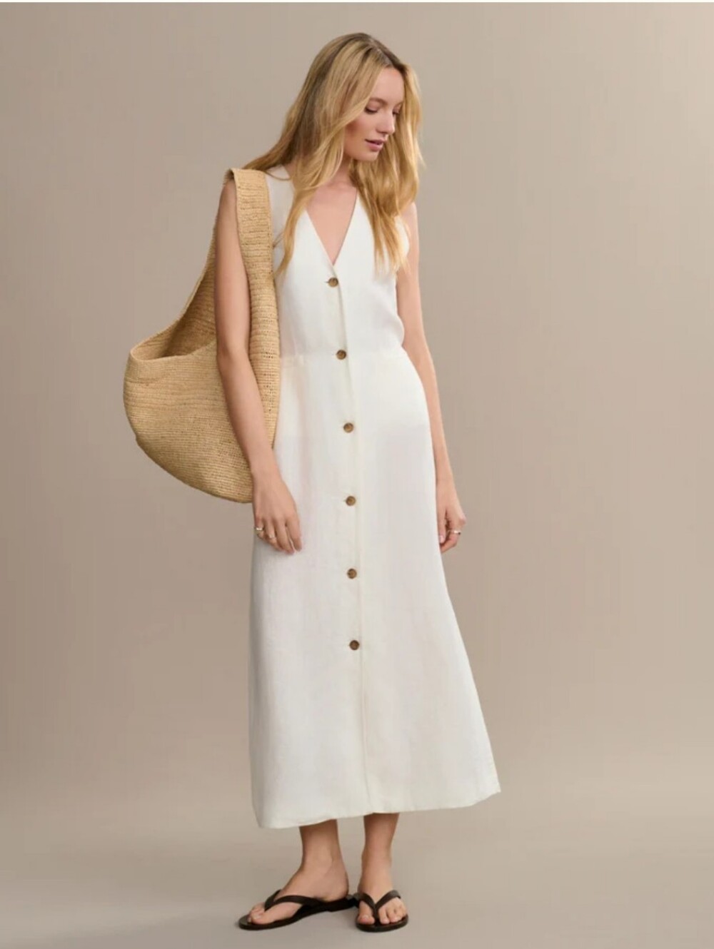Jenni Kayne Ivory Button-Front V-Neck Midi Dress Sz S